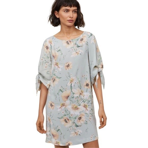 H&M sage green split tie sleeve light floral shift dress size 4 - Picture 1 of 6